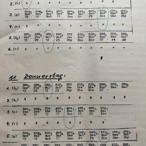 Stundenplan Mittwoch 1982