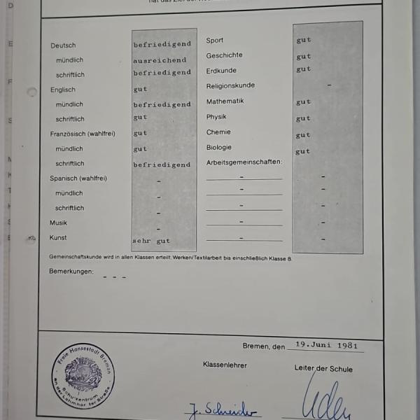 Abschlußzeugnis Realschule 1981