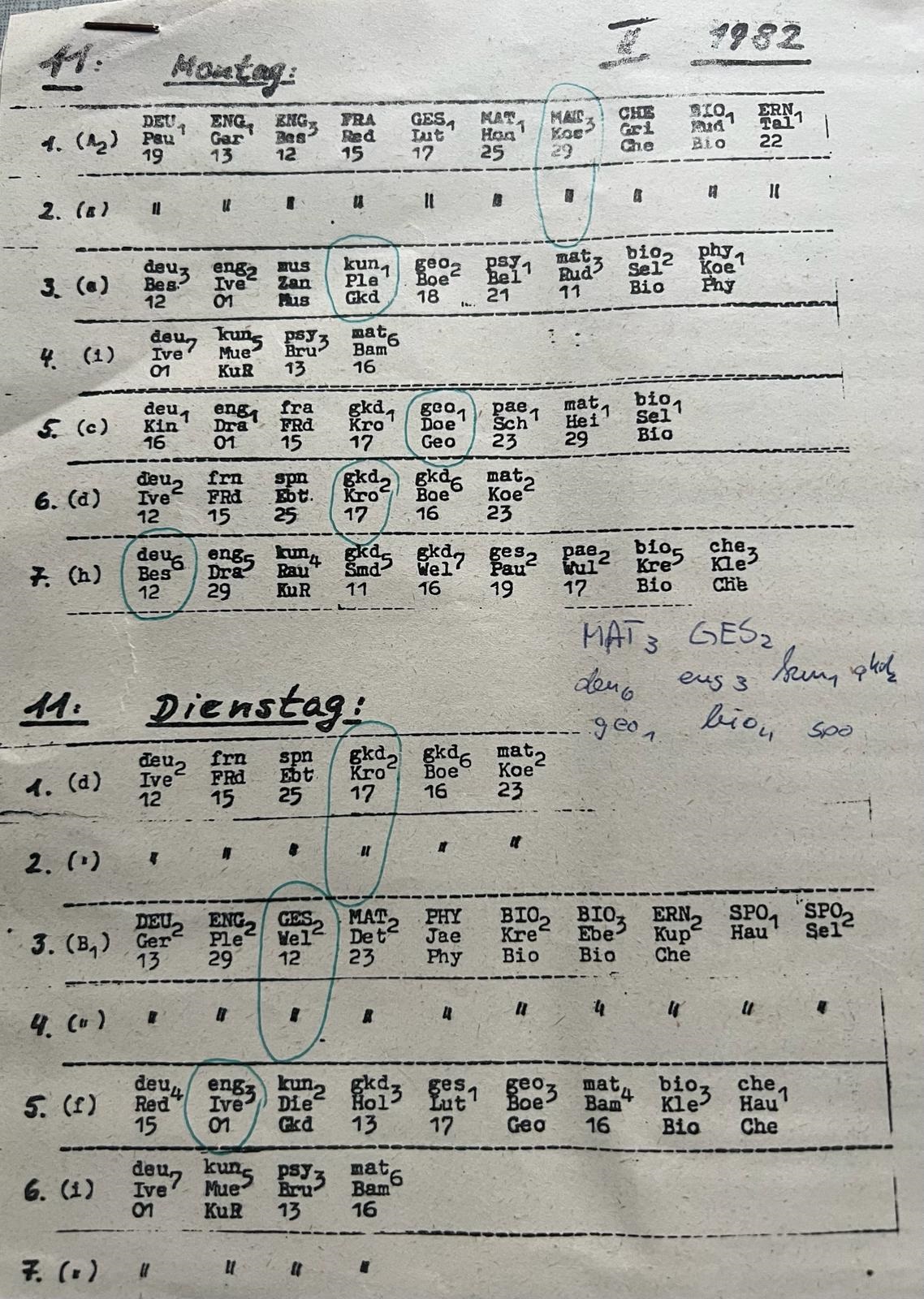 Stundenplan Montag 1982