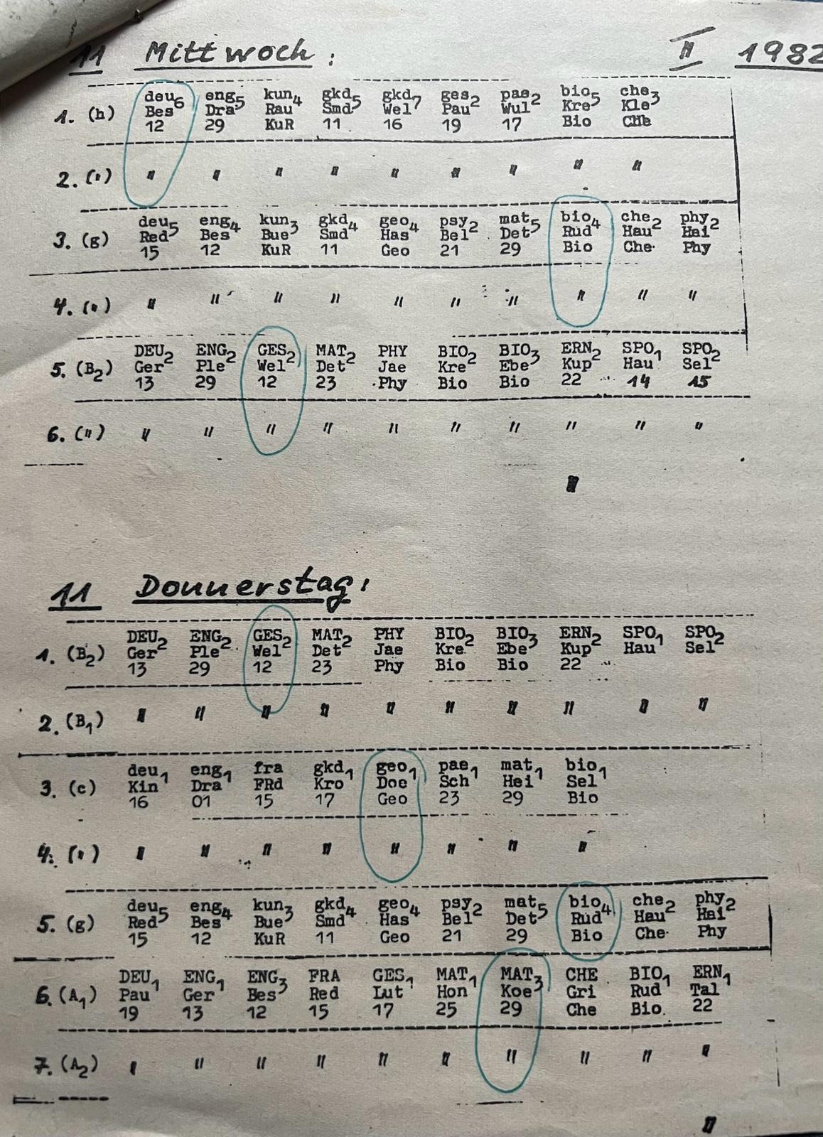 Stundenplan Mittwoch 1982