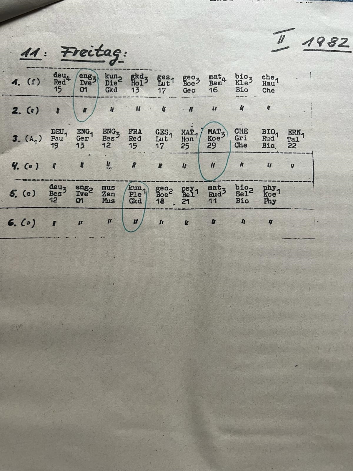 Stundenplan Freitag 1982