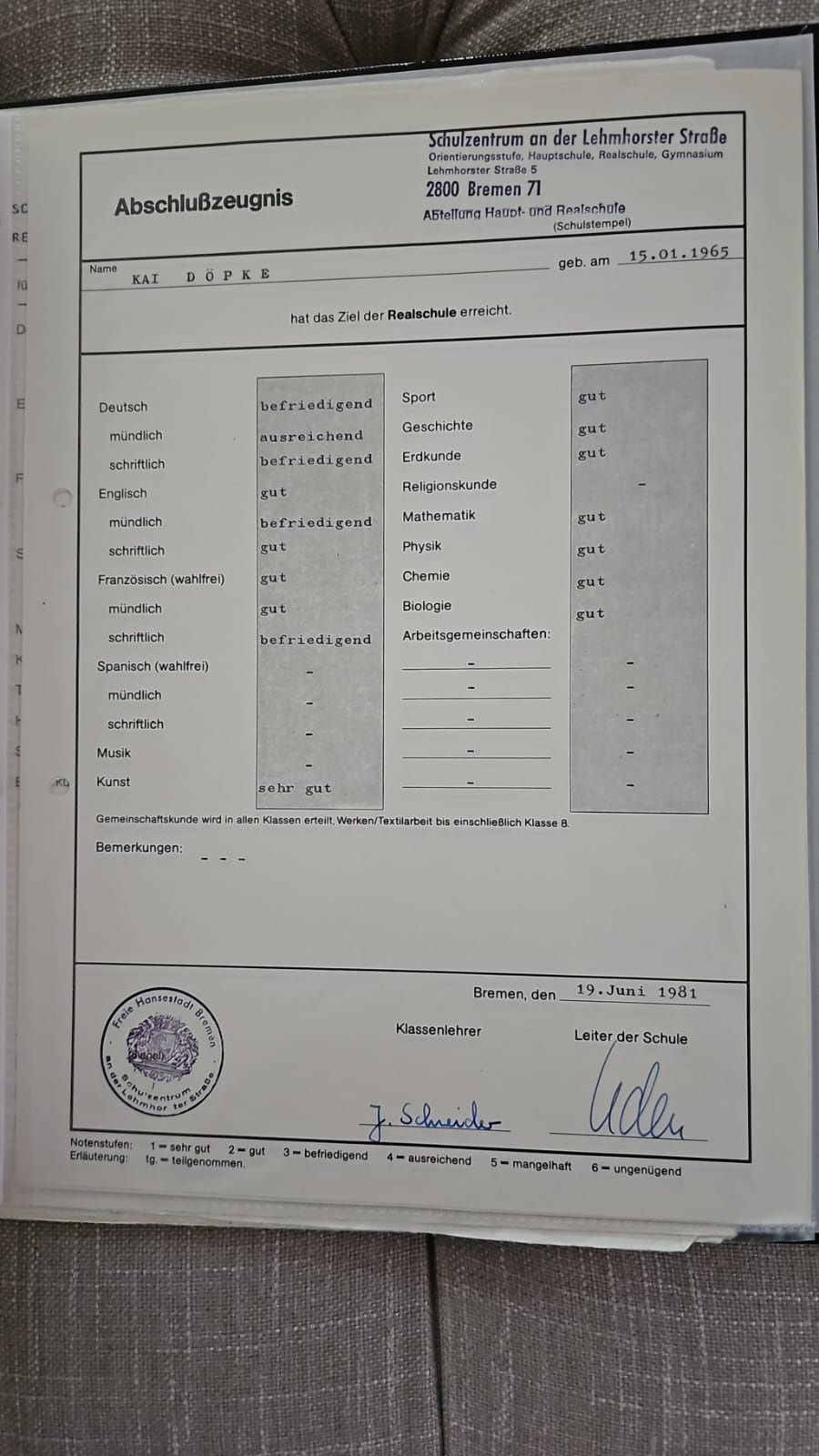 Abschlußzeugnis Realschule 1981